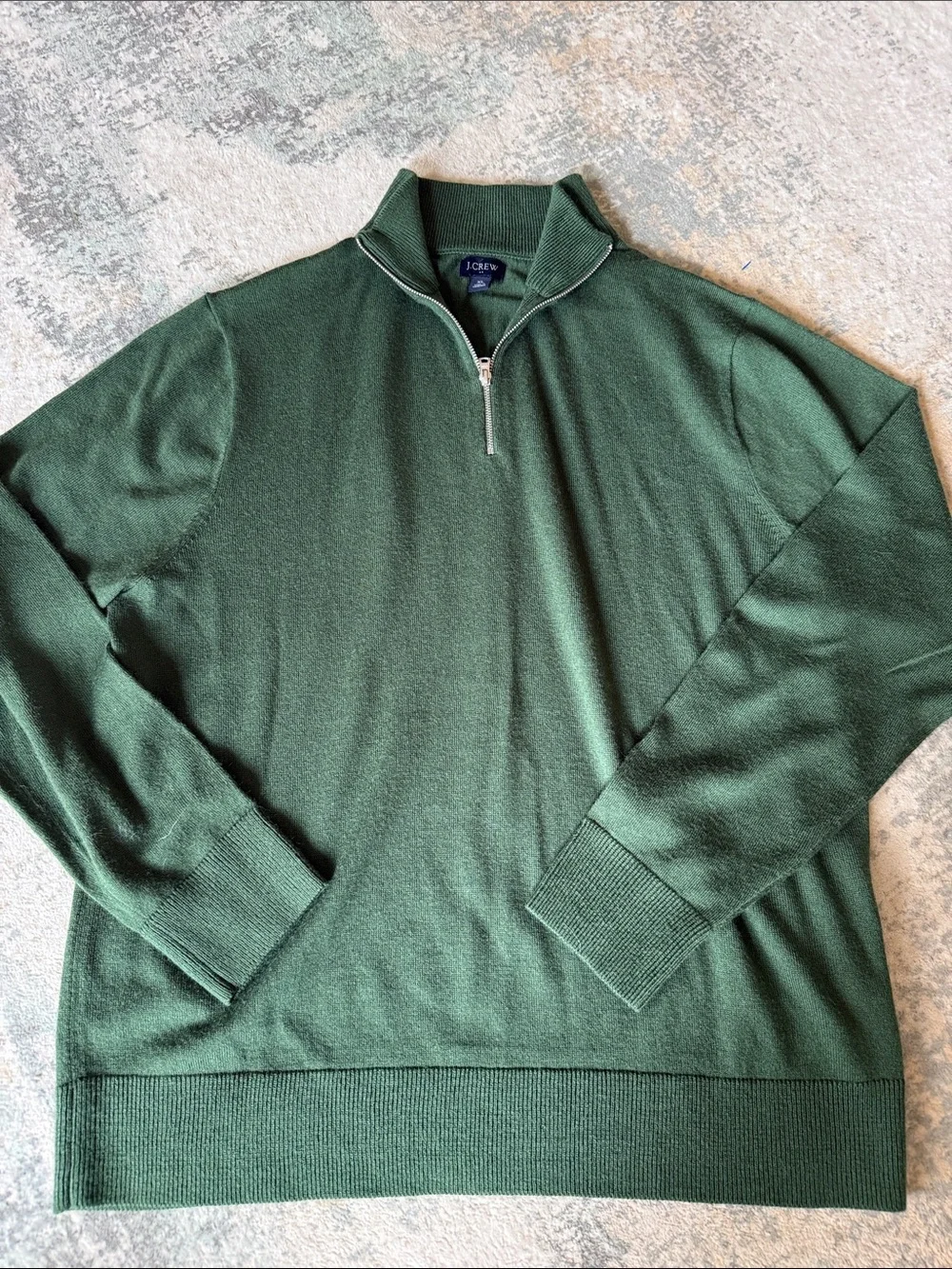J. Crew Men’s Dark Green Merino Wo Blend Quarter Zip Sweater, Size XL